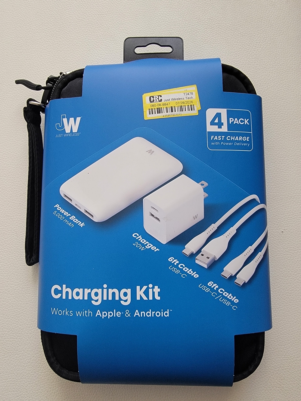 Just Wireless 4 Pack Charging Kit 5000mAh Power Bank, 20W Wall Charger, Cables,